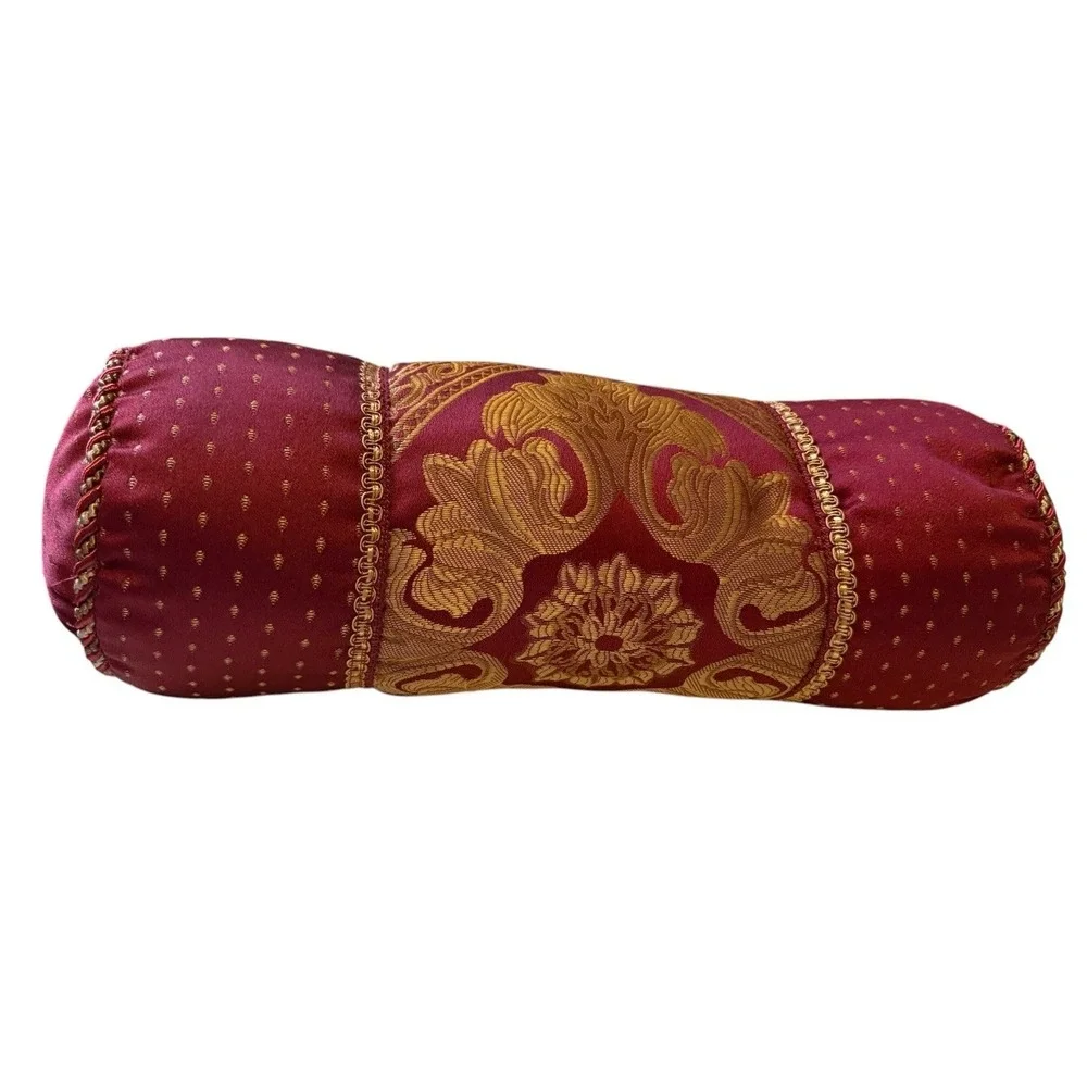Decorative Bolster Pillow Gold Floral Rope Trim Accent 18
